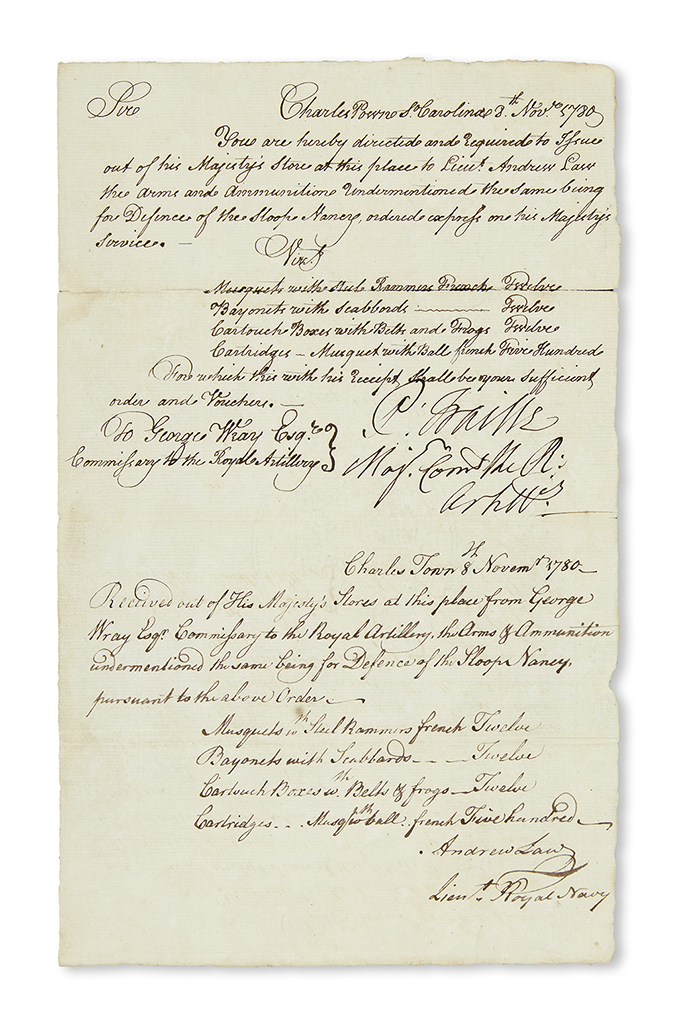 (AMERICAN REVOLUTION--1780.) Small archive of artillery supply orders from British-occupied Charleston.